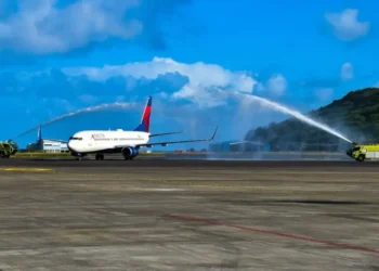 A Delta aircraft receives a water salute on arrival at Argyle International Airport during the Delta inaugural flight to St Vincent.