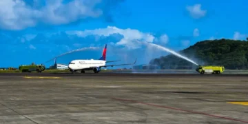 A Delta aircraft receives a water salute on arrival at Argyle International Airport during the Delta inaugural flight to St Vincent.