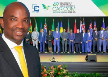 Stephen Fevrier overlay against CARICOM leaders highlighting a US policy shift in the Caribbean