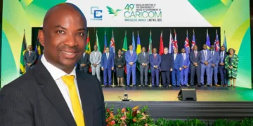 Stephen Fevrier overlay against CARICOM leaders highlighting a US policy shift in the Caribbean