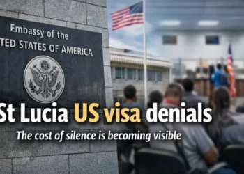 Applicants wait at the U.S. Embassy in Bridgetown, Barbados, amid rising St Lucia US visa denials affecting students and officials.