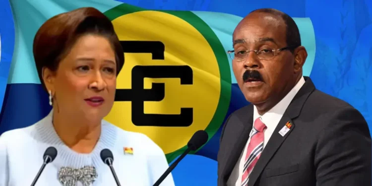 Kamla Persad-Bissessar and Gaston Browne appear against a Caricom flag as Kamla rejects Caricom zone of peace