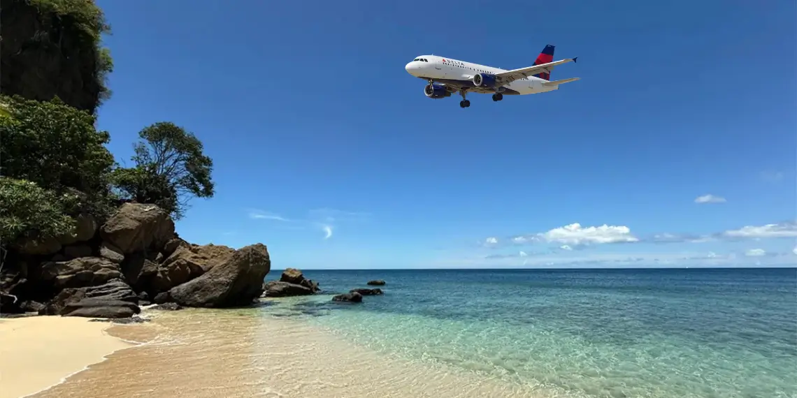Grenada winter travel gains momentum as a Delta Air Lines aircraft approaches the island’s coastline