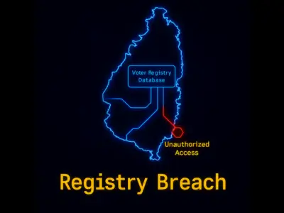 St Lucia election scandal visual showing registry breach alert and voter database access lines.