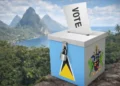 St Lucia Electoral Audit Warning illustrated by a secured ballot box with a vote inserted, set against the Pitons in the background.