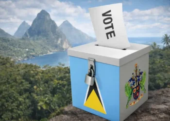 St Lucia Electoral Audit Warning illustrated by a secured ballot box with a vote inserted, set against the Pitons in the background.