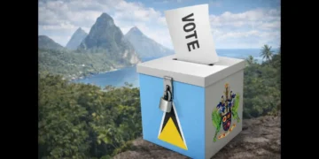 St Lucia Electoral Audit Warning illustrated by a secured ballot box with a vote inserted, set against the Pitons in the background.