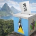 St Lucia Electoral Audit Warning illustrated by a secured ballot box with a vote inserted, set against the Pitons in the background.