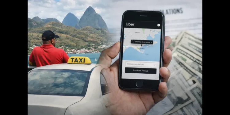 A licensed taxi driver in St Lucia beside his vehicle while a smartphone displays the Uber app during Uber registration in St Lucia.