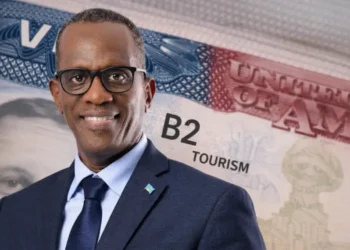 US freezes visas for St Lucia as Prime Minister Philip J. Pierre appears before a U.S. B2 tourist visa backdrop