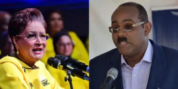 Split image shows two Caribbean political leaders speaking at separate events as Gaston Browne defends Caricom stance amid regional tensions.