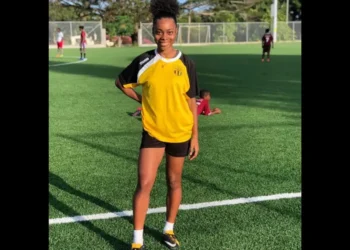 Dayna Tobierre on a football field in Micoud South, pictured as Allen Chastanet pays tribute following her passing.