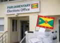 Grenada electoral system failure context shown outside the Parliamentary Elections Office with a ballot box and Grenada flag in the foreground