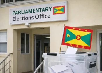 Grenada electoral system failure context shown outside the Parliamentary Elections Office with a ballot box and Grenada flag in the foreground