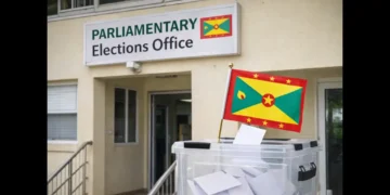 Grenada electoral system failure context shown outside the Parliamentary Elections Office with a ballot box and Grenada flag in the foreground