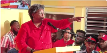 Prime Minister Mia Mottley addresses supporters in Bridgetown while announcing the Barbados election timeline.