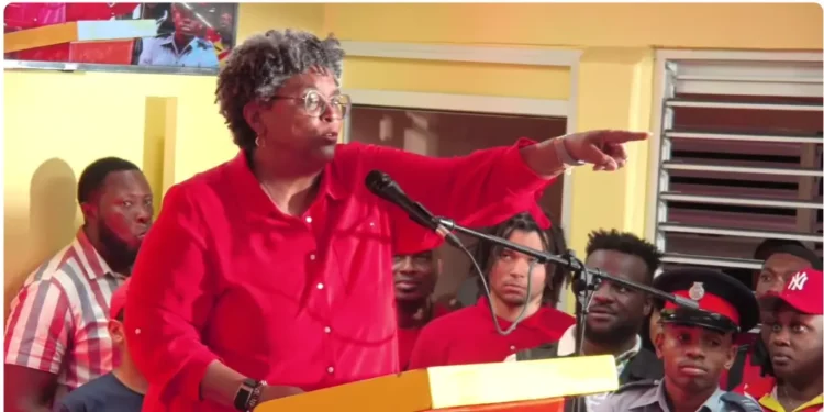 Prime Minister Mia Mottley addresses supporters in Bridgetown while announcing the Barbados election timeline.