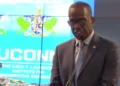 Prime Minister Philip J. Pierre addressing an international health conference where Cuba medical training ban was discussed