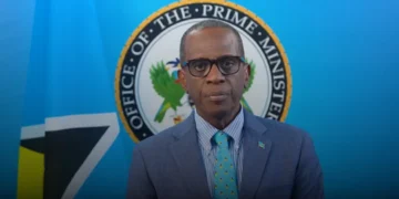 St Lucia agrees to US deportees as Prime Minister Philip J. Pierre delivers a national address with the Office of the Prime Minister seal behind him