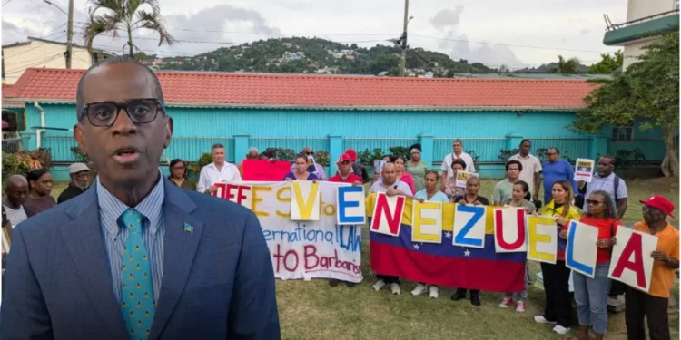 SLP government sends proxies as supporters rally in Castries with Prime Minister Philip J. Pierre in the foreground.