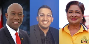 Former prime minister Keith Rowley, political analyst Shane Mohammed, and Prime Minister Kamla Persad-Bissessar pictured as Rowley Questions Crime Laws during national debate on crime legislation.