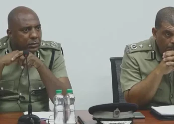 Royal Saint Lucia Police Force officials address the media during a press conference on the gun amnesty