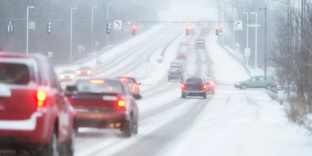 Vehicles travel along a slippery urban road during winter weather conditions