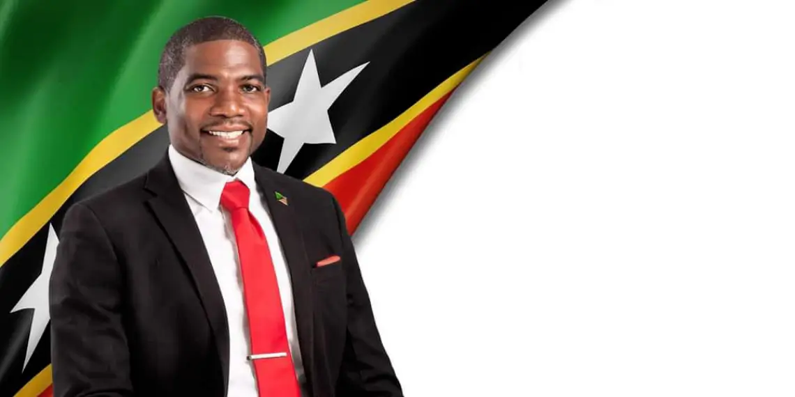 Prime Minister Terrance Drew portrait with St Kitts and Nevis flag, St Kitts and Nevis US deportees story