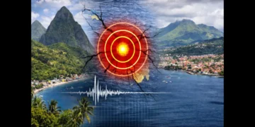 St Lucia rattled by 5.5 earthquake illustrated by a seismic epicenter graphic between St Lucia and Martinique in the eastern Caribbean