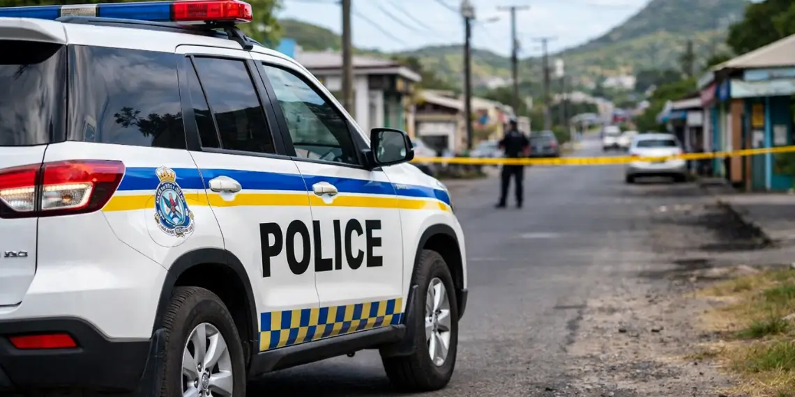 Police vehicle secures scene in Vieux Fort homicide investigation following postmortem confirmation