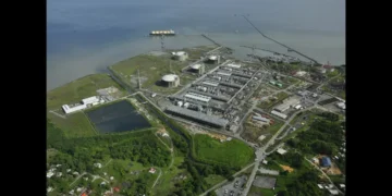 Shell Dragon gas green light, aerial view of Atlantic LNG facility at Point Fortin, Trinidad and Tobago