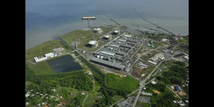 Shell Dragon gas green light, aerial view of Atlantic LNG facility at Point Fortin, Trinidad and Tobago
