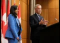 Prime Minister Mark Carney and Foreign Affairs Minister Anita Anand as Canada Backs U.S. on Iran during Ottawa press briefing