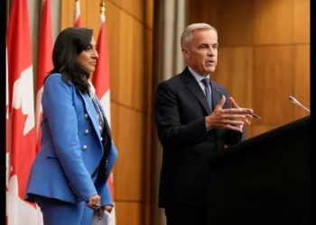 Prime Minister Mark Carney and Foreign Affairs Minister Anita Anand as Canada Backs U.S. on Iran during Ottawa press briefing