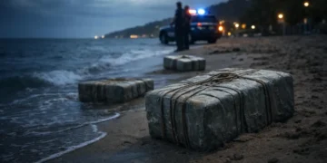 Illustration of cocaine bales on a beach with police in the background after a US drone strike near Bequia.