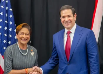 Kamla Persad-Bissessar and Marco Rubio shake hands ahead of Florida Summit meeting