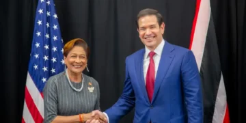 Kamla Persad-Bissessar and Marco Rubio shake hands ahead of Florida Summit meeting