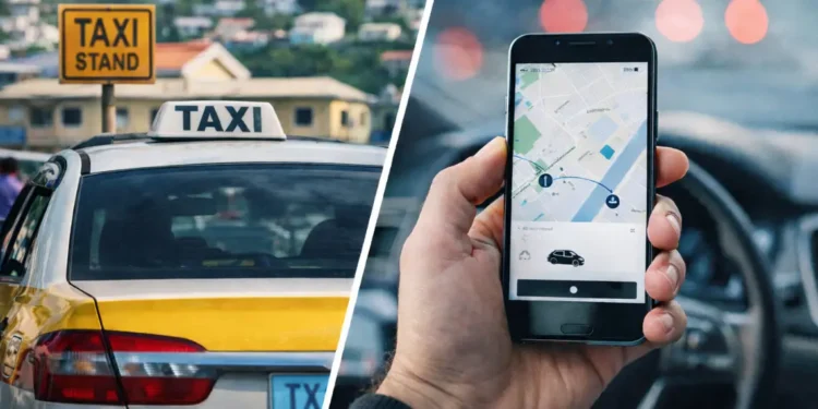 Split-frame visual for Uber Globalization in St Lucia contrasting a taxi with a phone displaying a ride-hailing map.