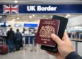 Traveler holding a UK passport and phone at UK Border control as the UK Electronic Travel Authorisation rule takes effect Feb. 25, 2026.