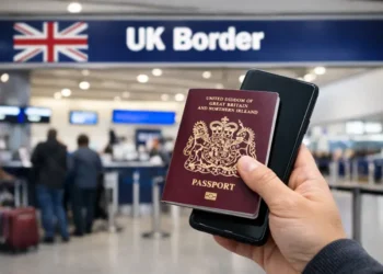Traveler holding a UK passport and phone at UK Border control as the UK Electronic Travel Authorisation rule takes effect Feb. 25, 2026.