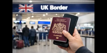 Traveler holding a UK passport and phone at UK Border control as the UK Electronic Travel Authorisation rule takes effect Feb. 25, 2026.