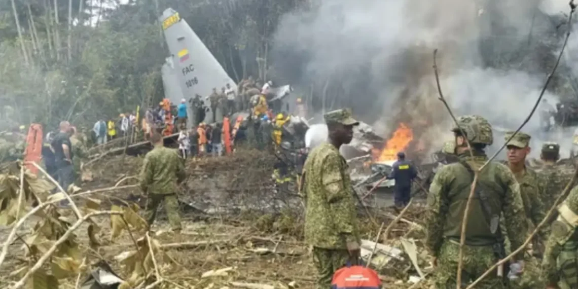 Colombian military personnel at crash site of Colombia military plane crash in Putumayo