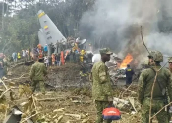 Colombian military personnel at crash site of Colombia military plane crash in Putumayo