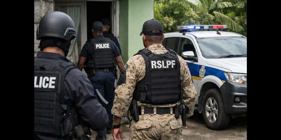 Illustration of Royal Saint Lucia Police officers during operation linked to Vieux Fort firearm recovery