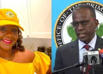 Minerva Ward in yellow and PM Philip J Pierre at a podium, linked to the Minerva Ward food security letter.