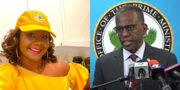 Minerva Ward in yellow and PM Philip J Pierre at a podium, linked to the Minerva Ward food security letter.