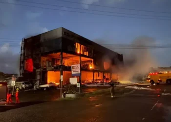 Computer World fire burns through the commercial building in Bois d’Orange as firefighters respond at night