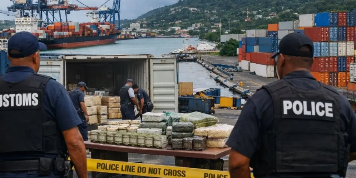 Illustrative image of a Port Castries drug bust involving cargo inspection and seized narcotics