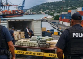 Illustrative image of a Port Castries drug bust involving cargo inspection and seized narcotics