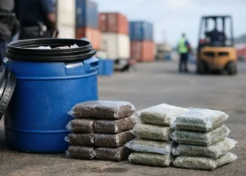 Illustrative image of Vieux Fort hashish seizure showing a blue barrel and vacuum-sealed drug packages at a seaport